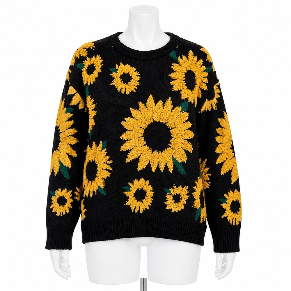 Sunflower Knit Sweater Size Medium Black Yellow Floral Crewneck Pullover Cottage